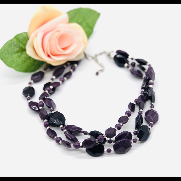 Triple Stranded Purple Beaded Sleek Necklace - Picture 2 of 8